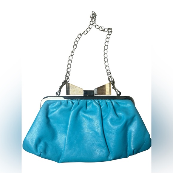 le chateau Handbags - Le Château Turquoise Ruched Clutch w/ Bow Clasp & Silver Chain Strap